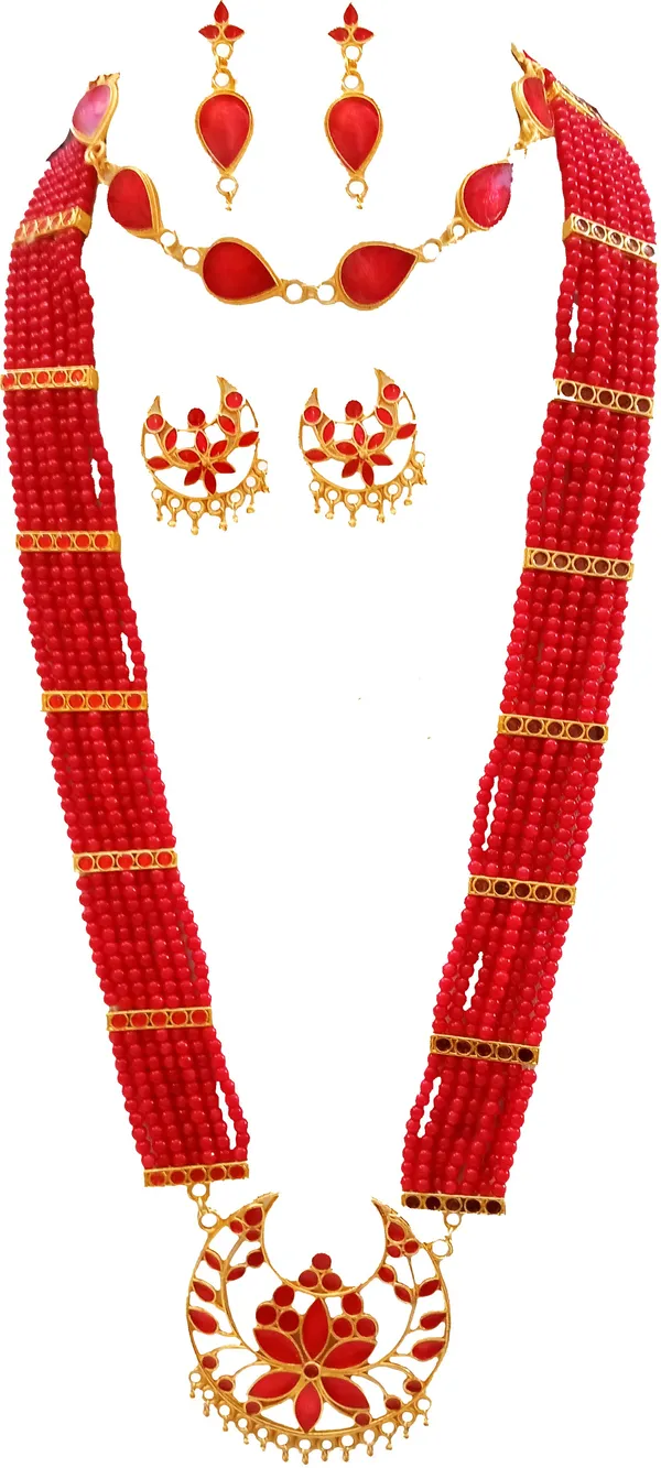 Assamese_Traditional_Gold_Plated_Red_Colour_Combo_Jewellery_Set_For_Women